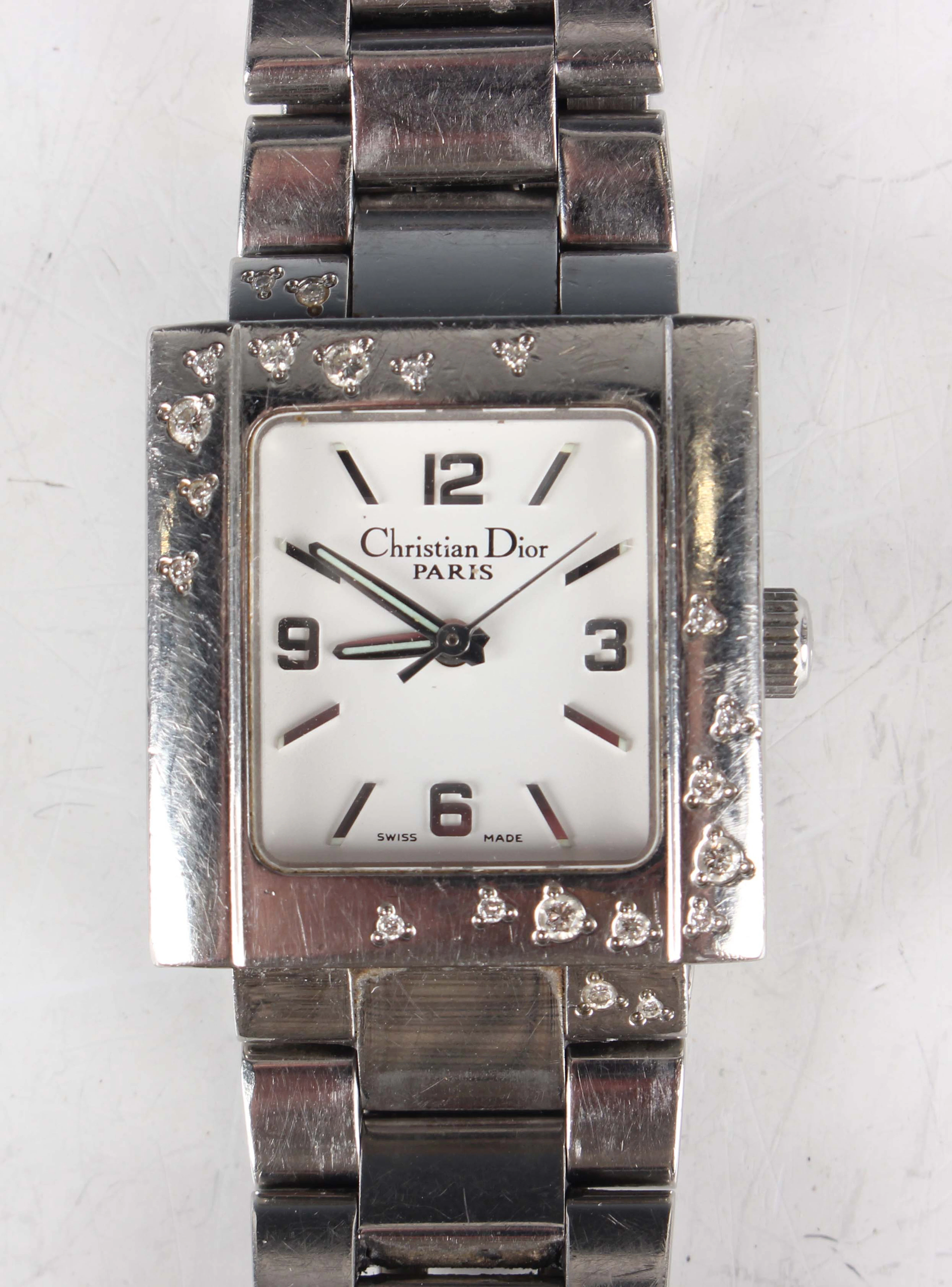 A Christian Dior Riva diamond set stainless steel rectangular cased