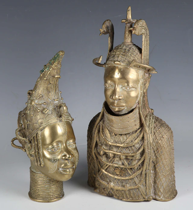 A Benin style cast brass head and shoulders portrait bust, height