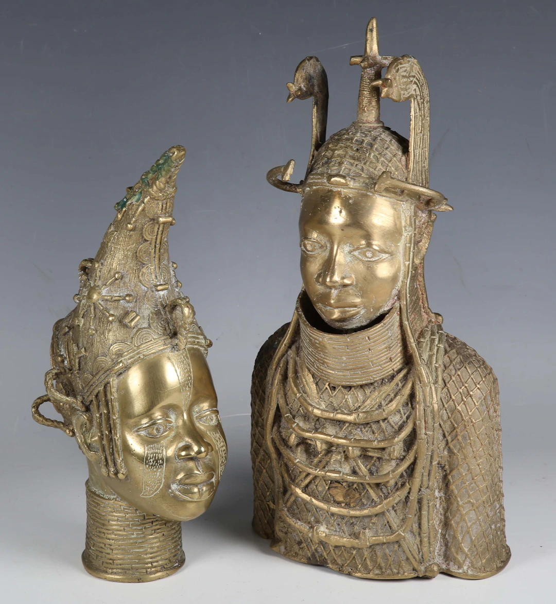 A Benin style cast brass head and shoulders portrait bust, height