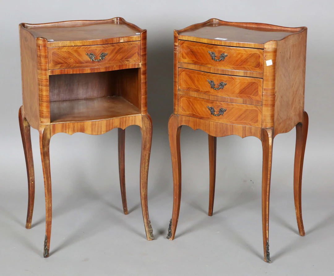 A pair of mid-20th century French kingwood bedside chests with galleried