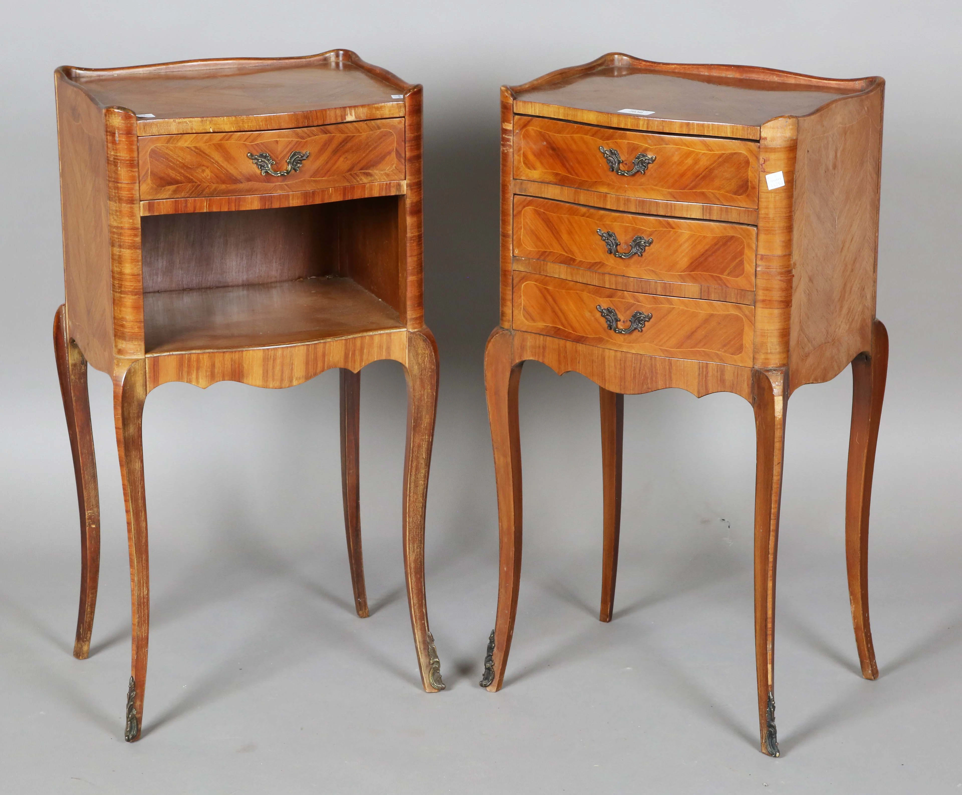 A pair of mid-20th century French kingwood bedside chests with galleried
