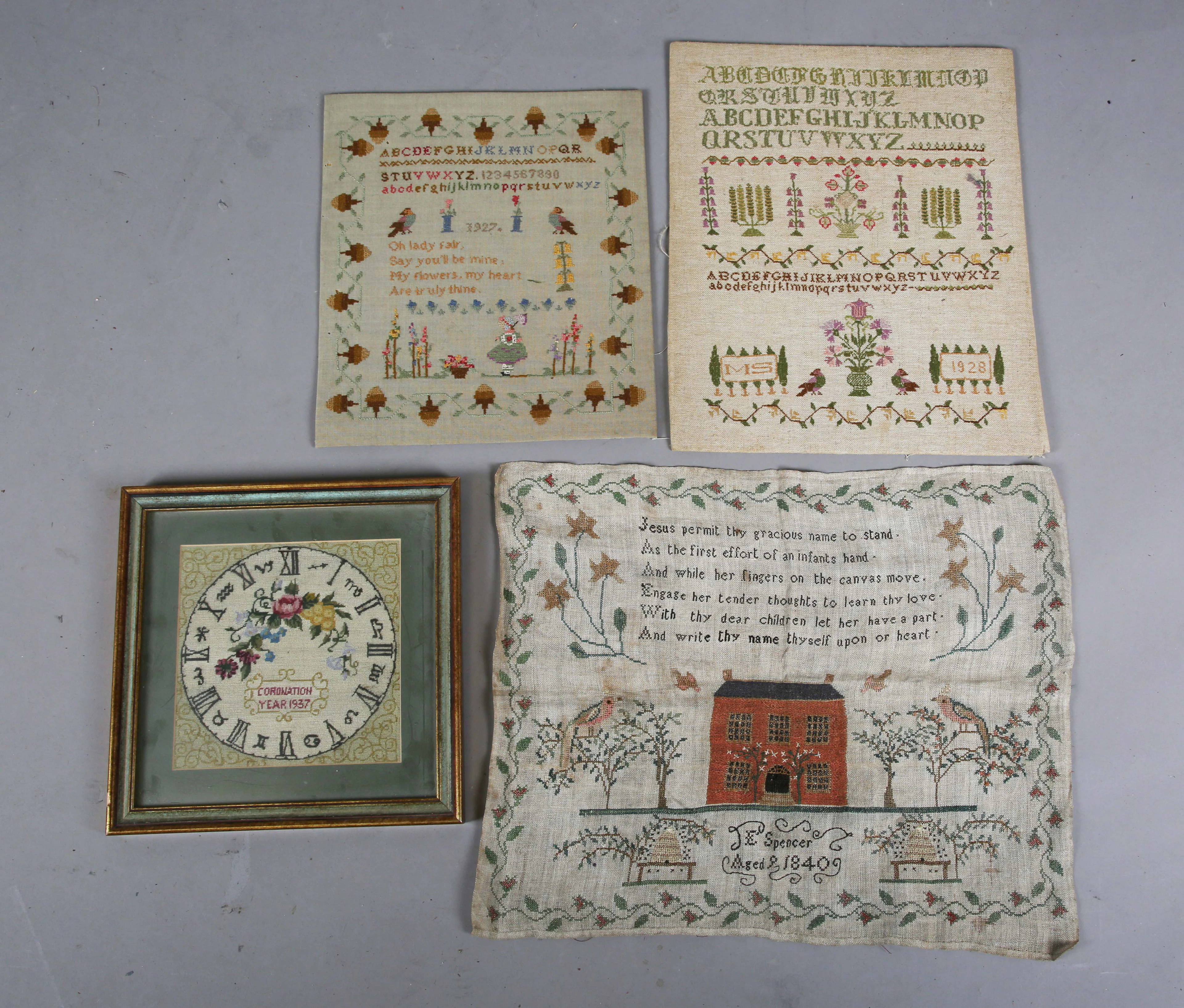An early Victorian needlework sampler by J.E. Spencer, Aged 9, dated