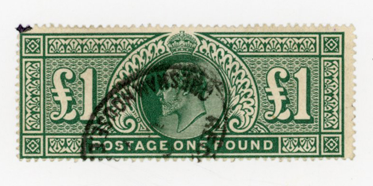 Great Britain 1911 Edward VII £1 deep green stamp used (SG 320).
