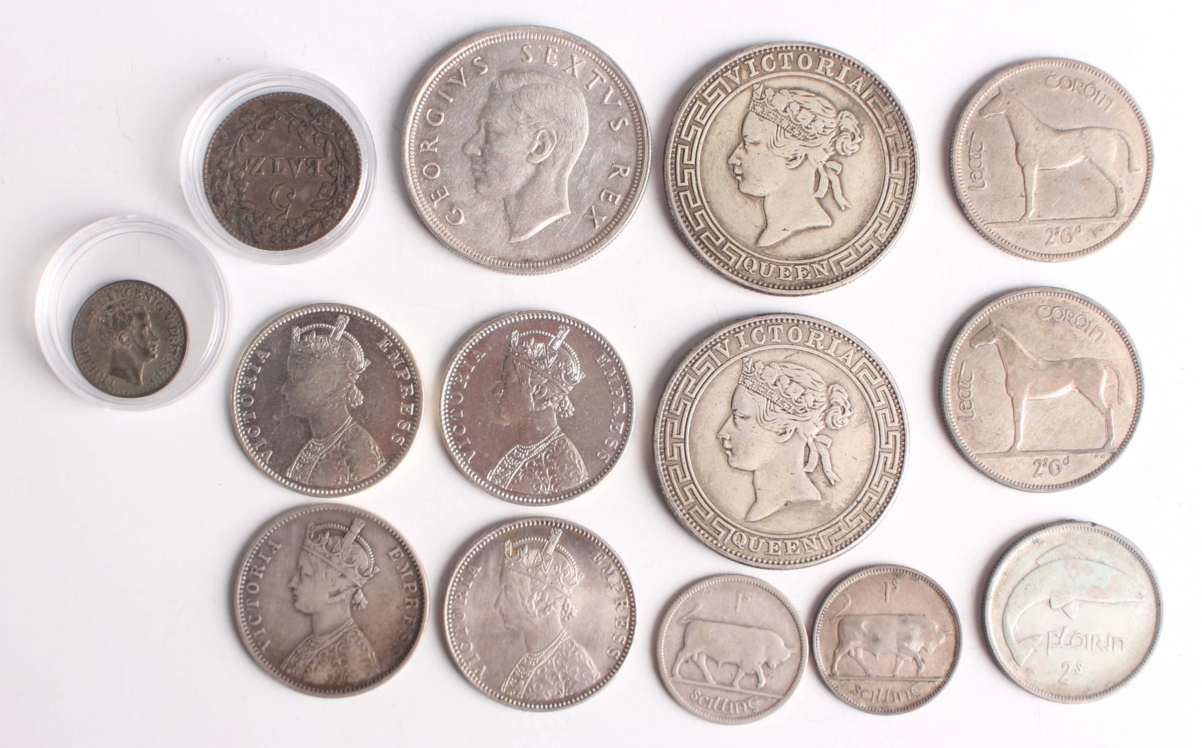 A small group of European and world coins, including two India Victoria