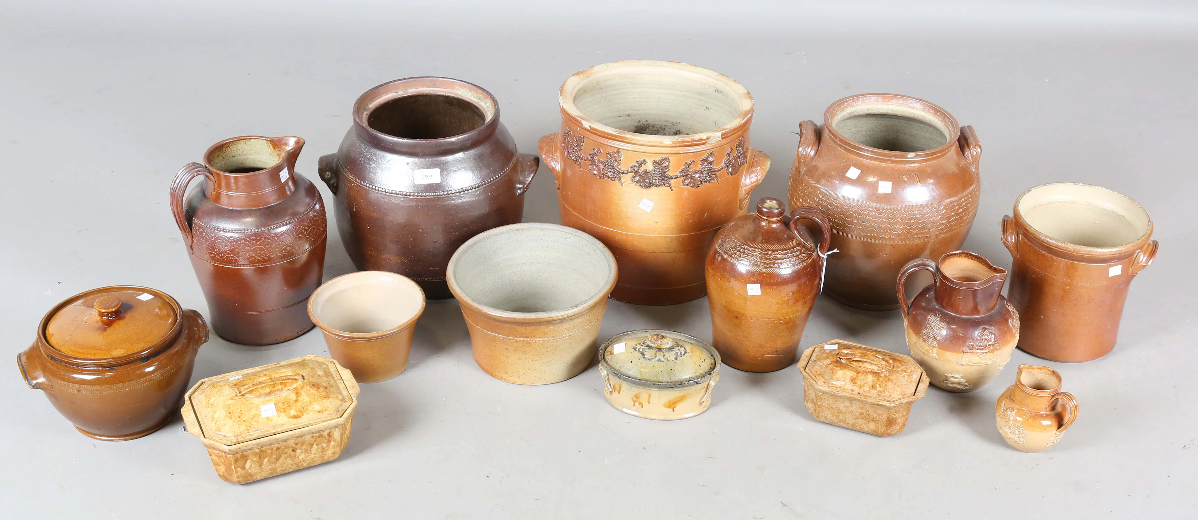 A collection of 19th and 20th century saltglazed stoneware kitchen