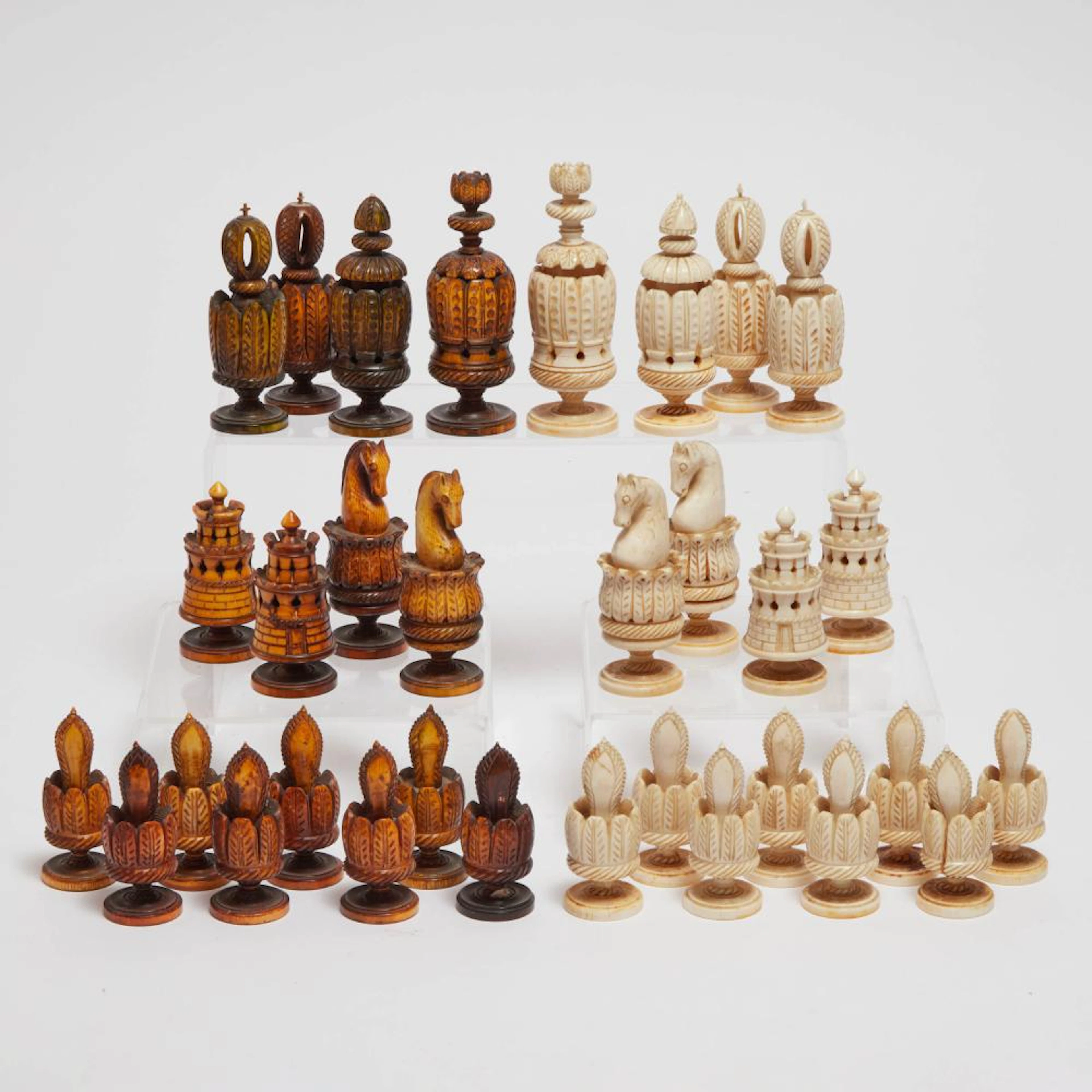 Turned and Carved Bone and Ivory ‘Spanish Pulpit’ Chess Set, 19th century