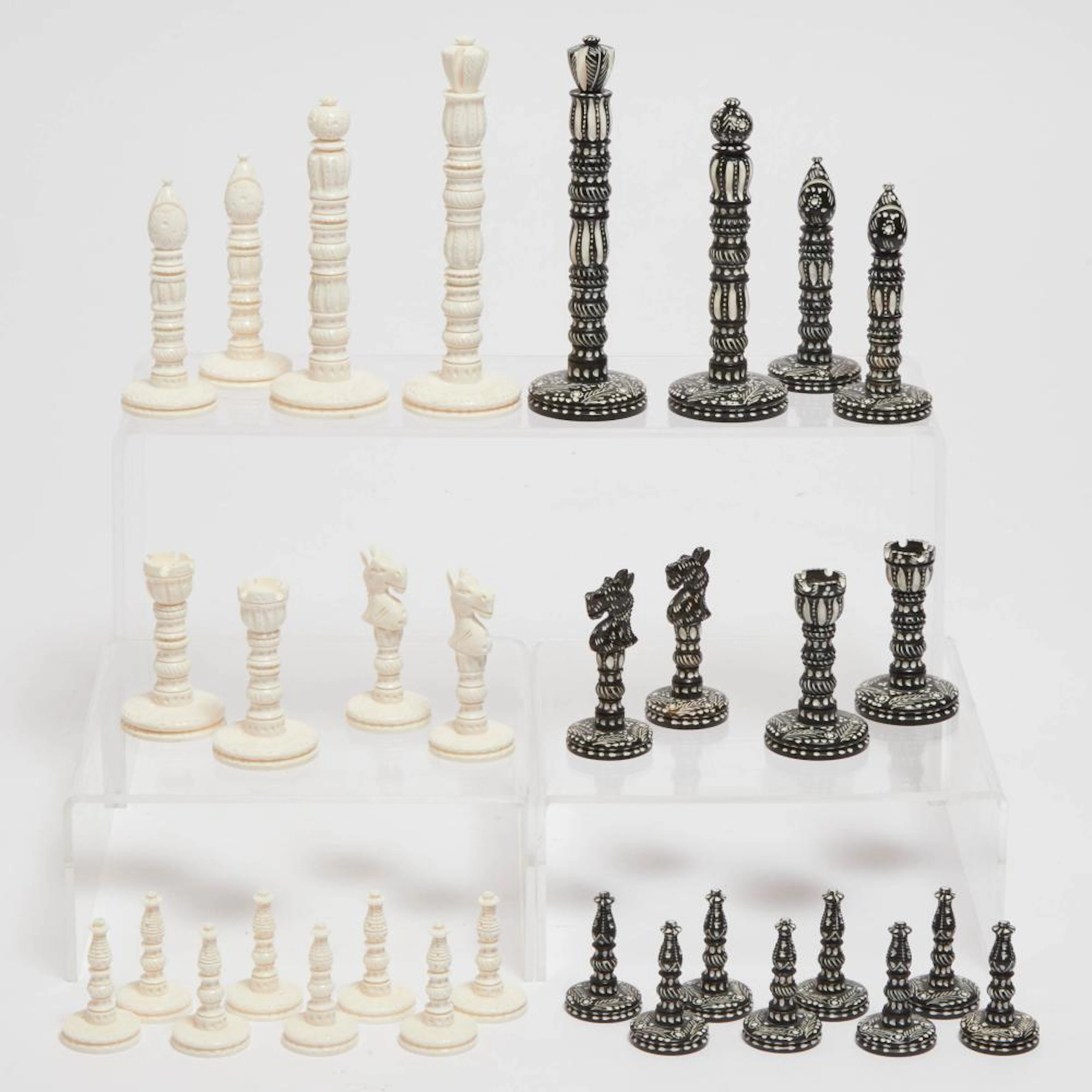 Indian Turned and Worked Ivory 'Tower' Chess Set, 19th century