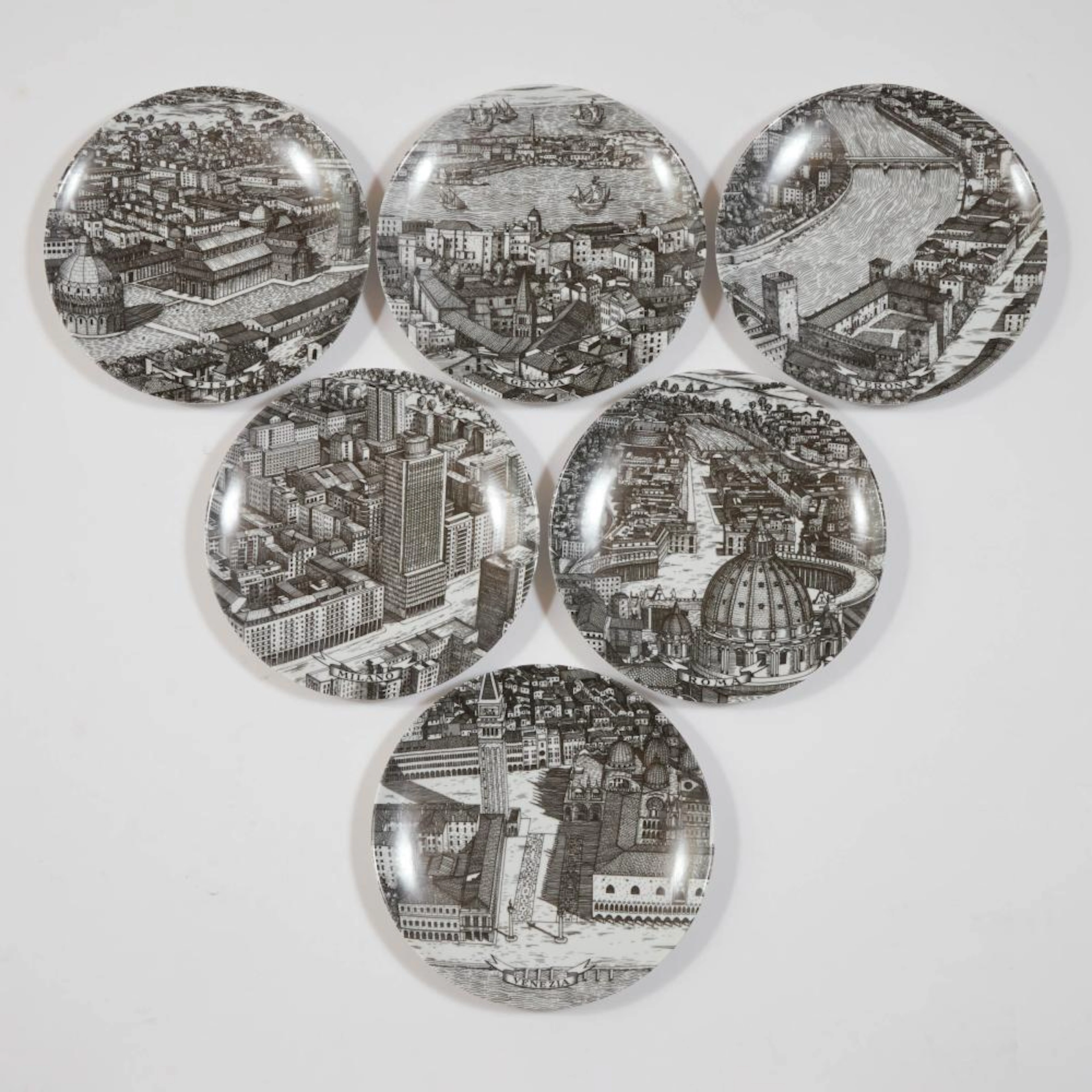 Six Piero Fornasetti 'Citta D'Italia' Plates, 20th century