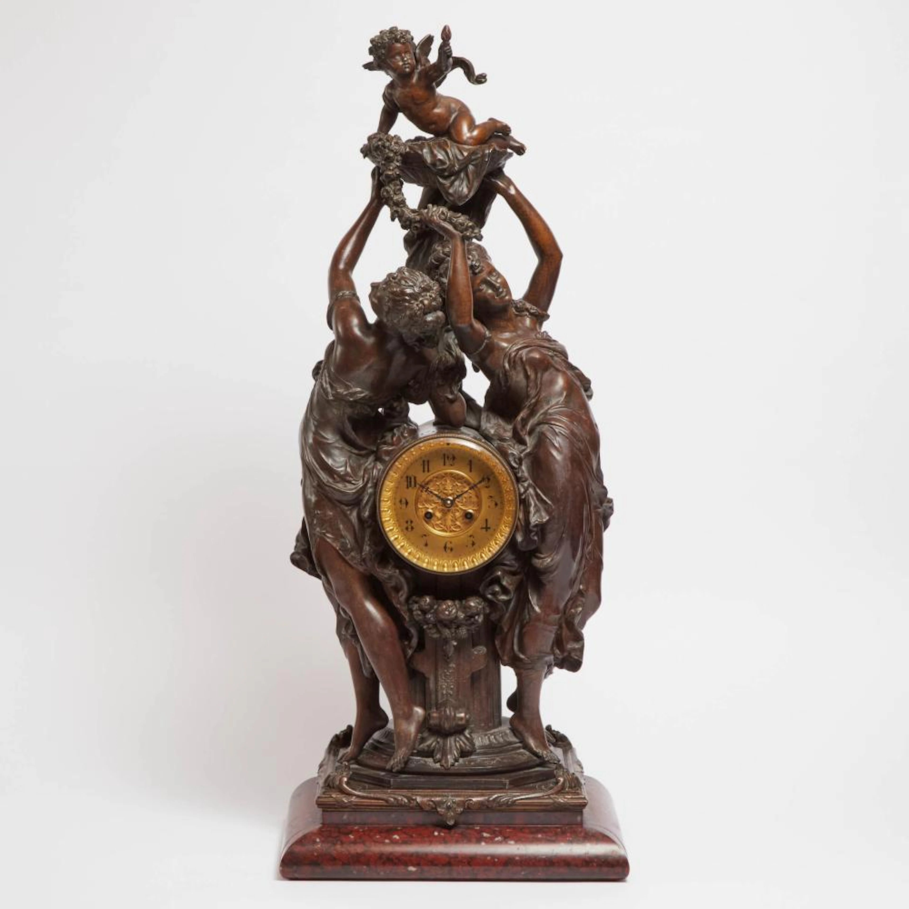 Large Napoleon III Patinated Metal 'Retour du Jardins' Mantel Clock