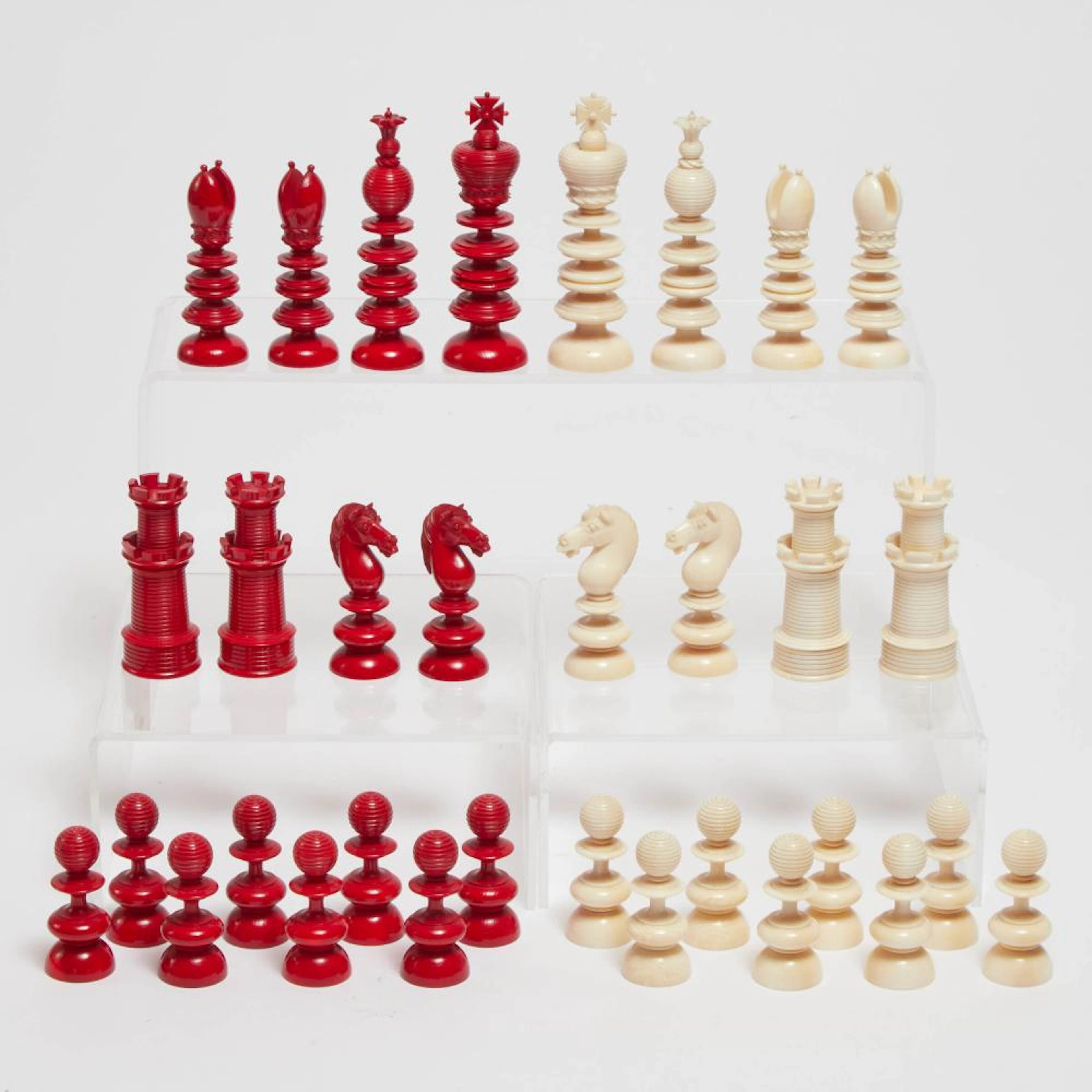 English Turned and Carved Ivory 'Lund' Pattern Chess Set, 19th century