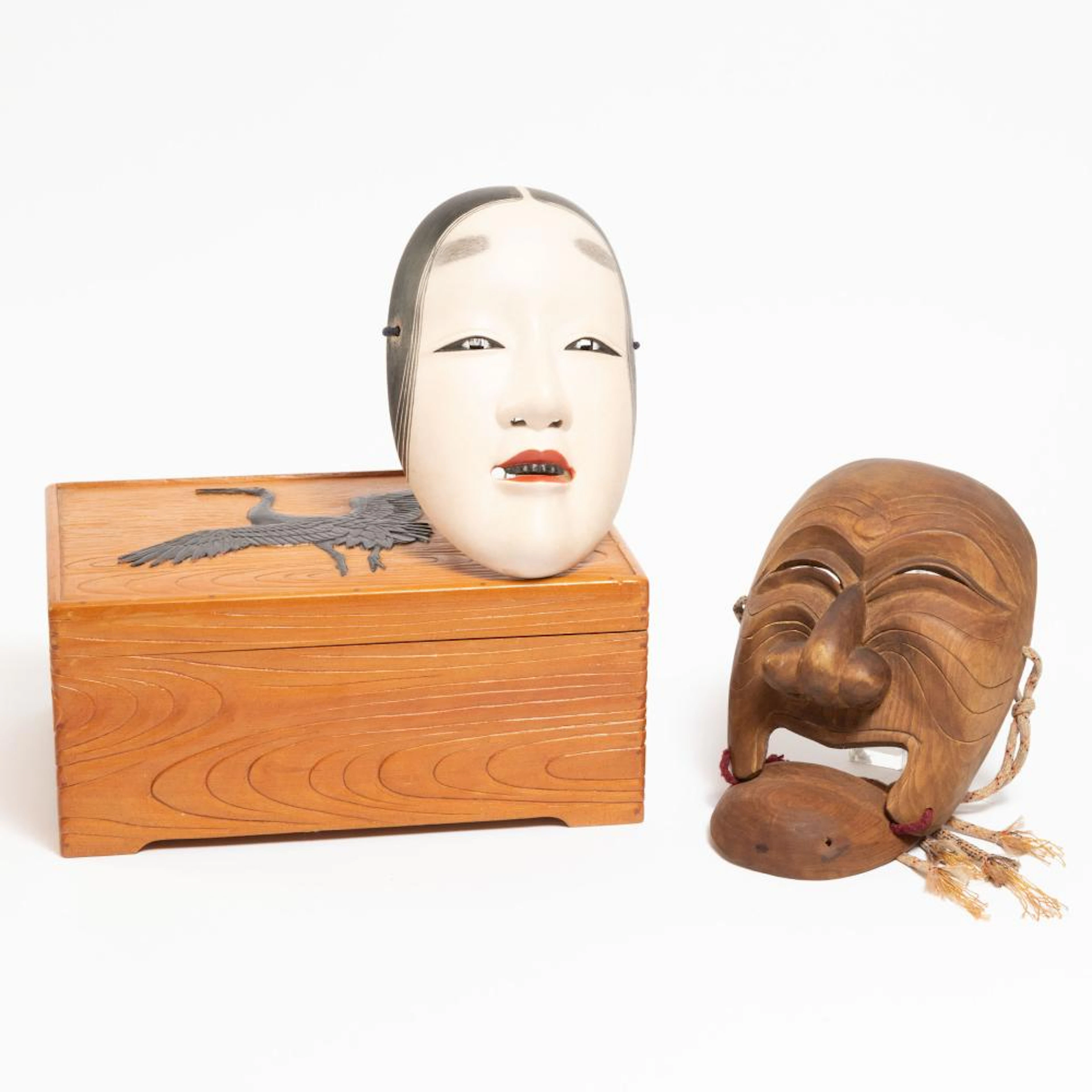 Two Wood Noh and Kagura Theatre Masks, Together With a Carved Wood
