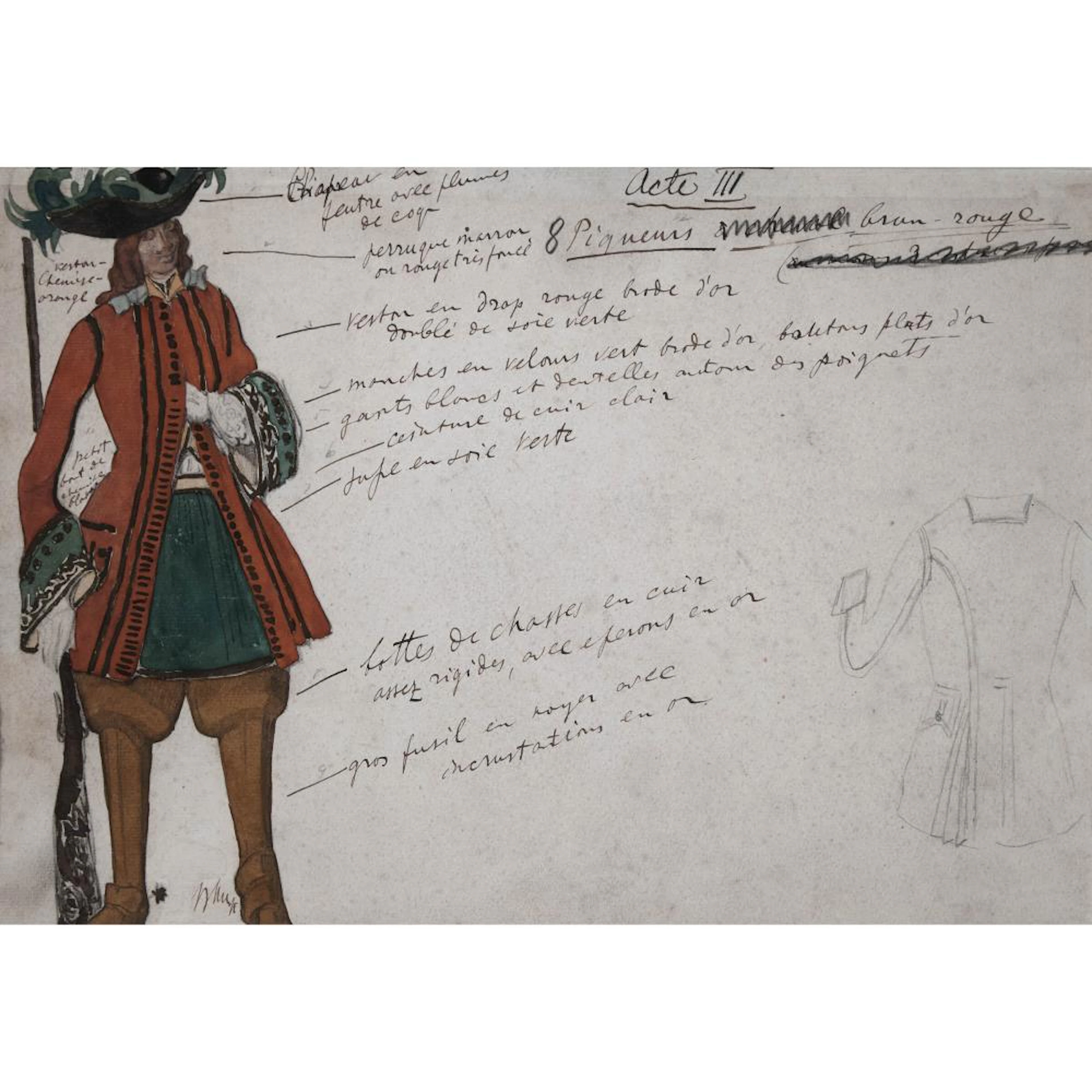 Léon Bakst (1866-1924), 8 PIQUEURS À CHEVAL BRUN-ROUGE, COSTUME DESIGN