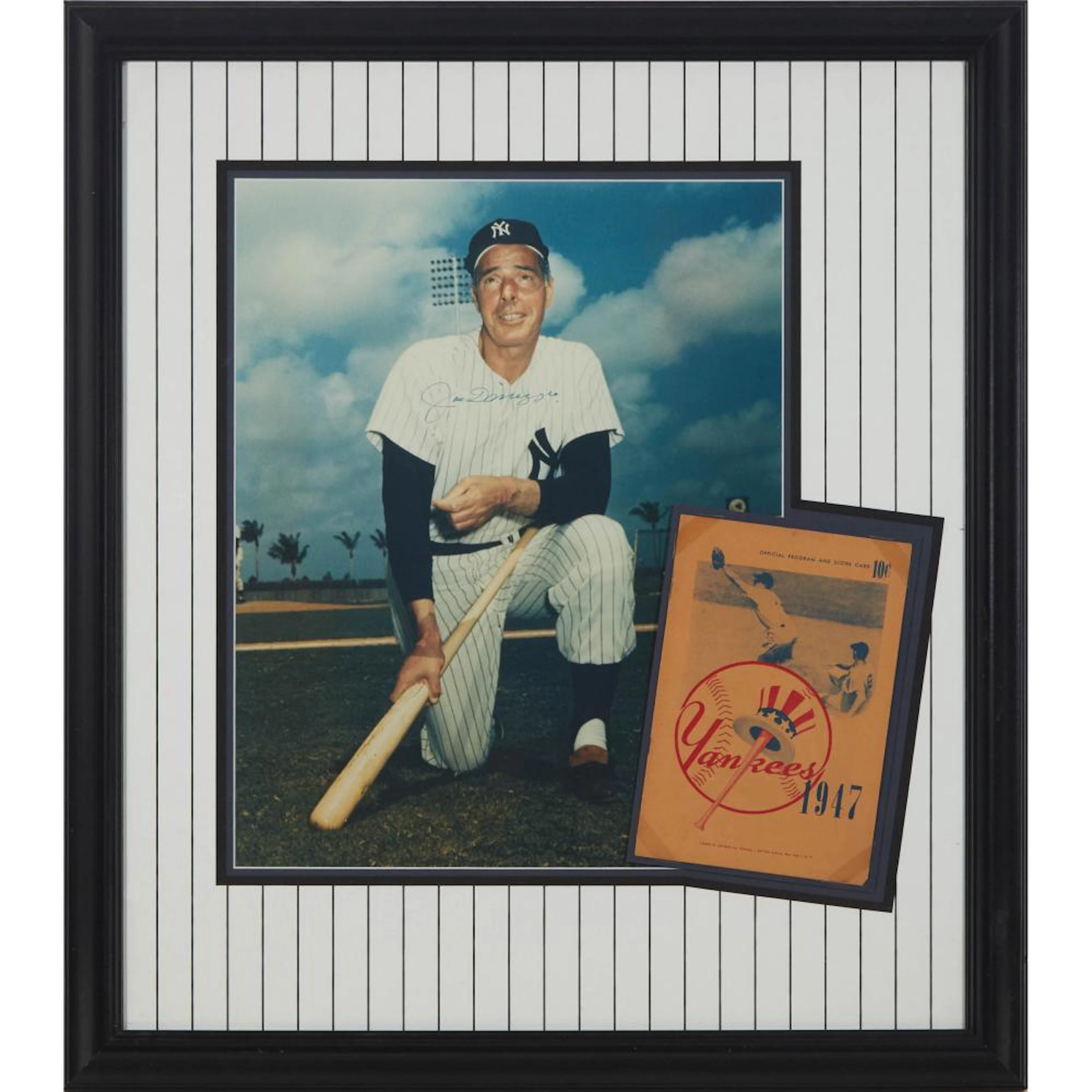 Joe Dimaggio Signed Photograph Framed with a 1947 New York Yankees