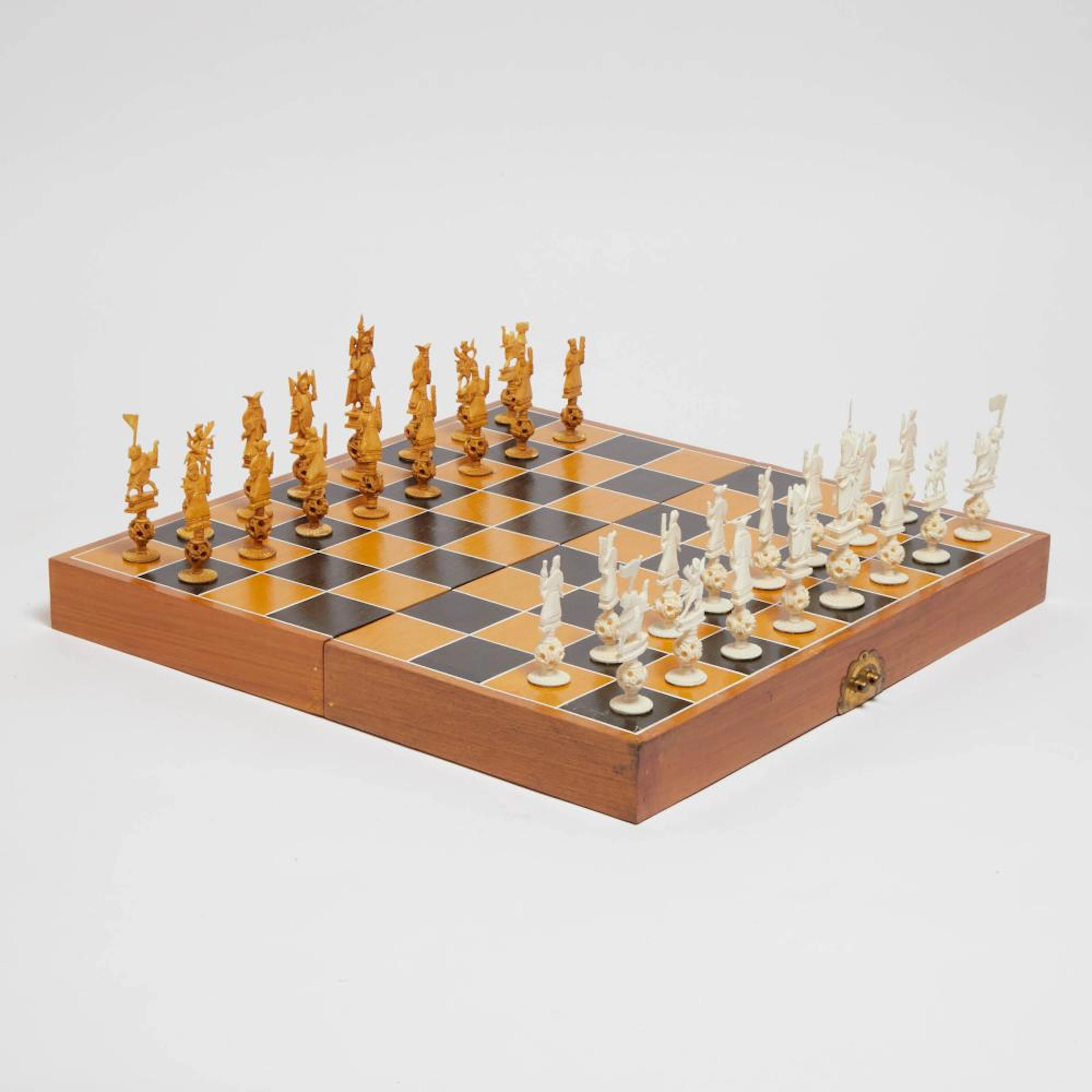 Chinese Carved Ivory Puzzle Ball Board Cased Chess Set, mid-20th century