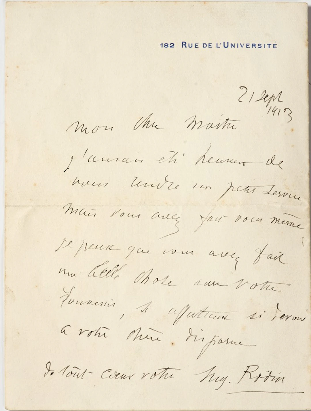 Lettre manuscrite autographe d'Auguste RODIN à Jean- Paul Laurens