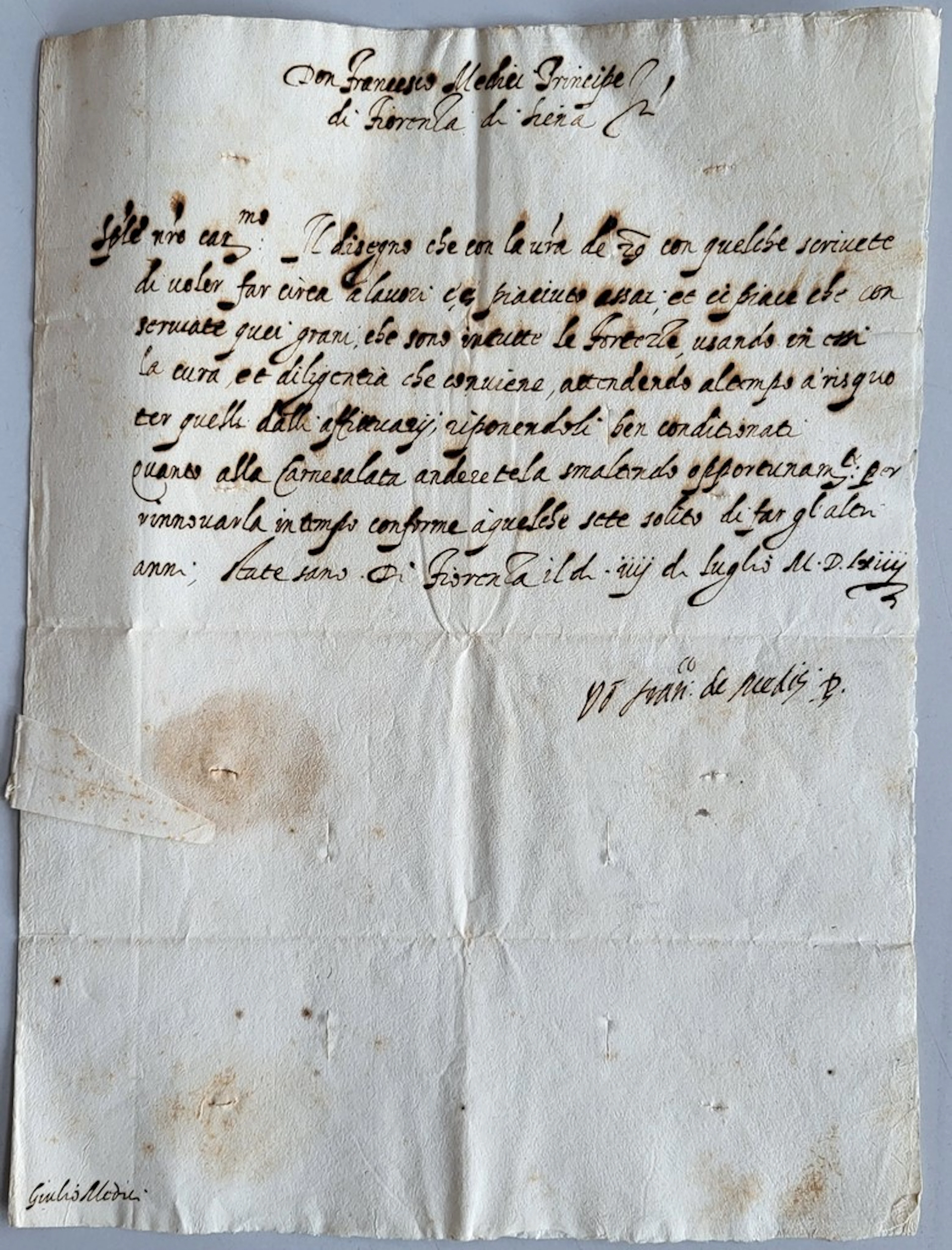 MEDICI (FRANCESCO DE, 1541-1587, 2e grand-duc de Toscane). Lettre