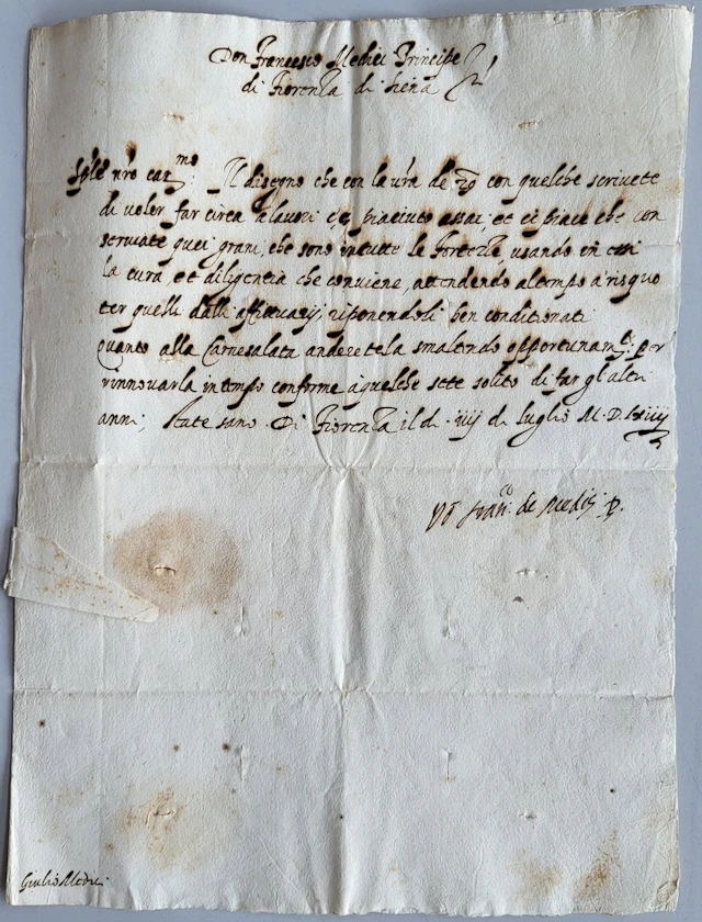 MEDICI (FRANCESCO DE, 1541-1587, 2e grand-duc de Toscane). Lettre
