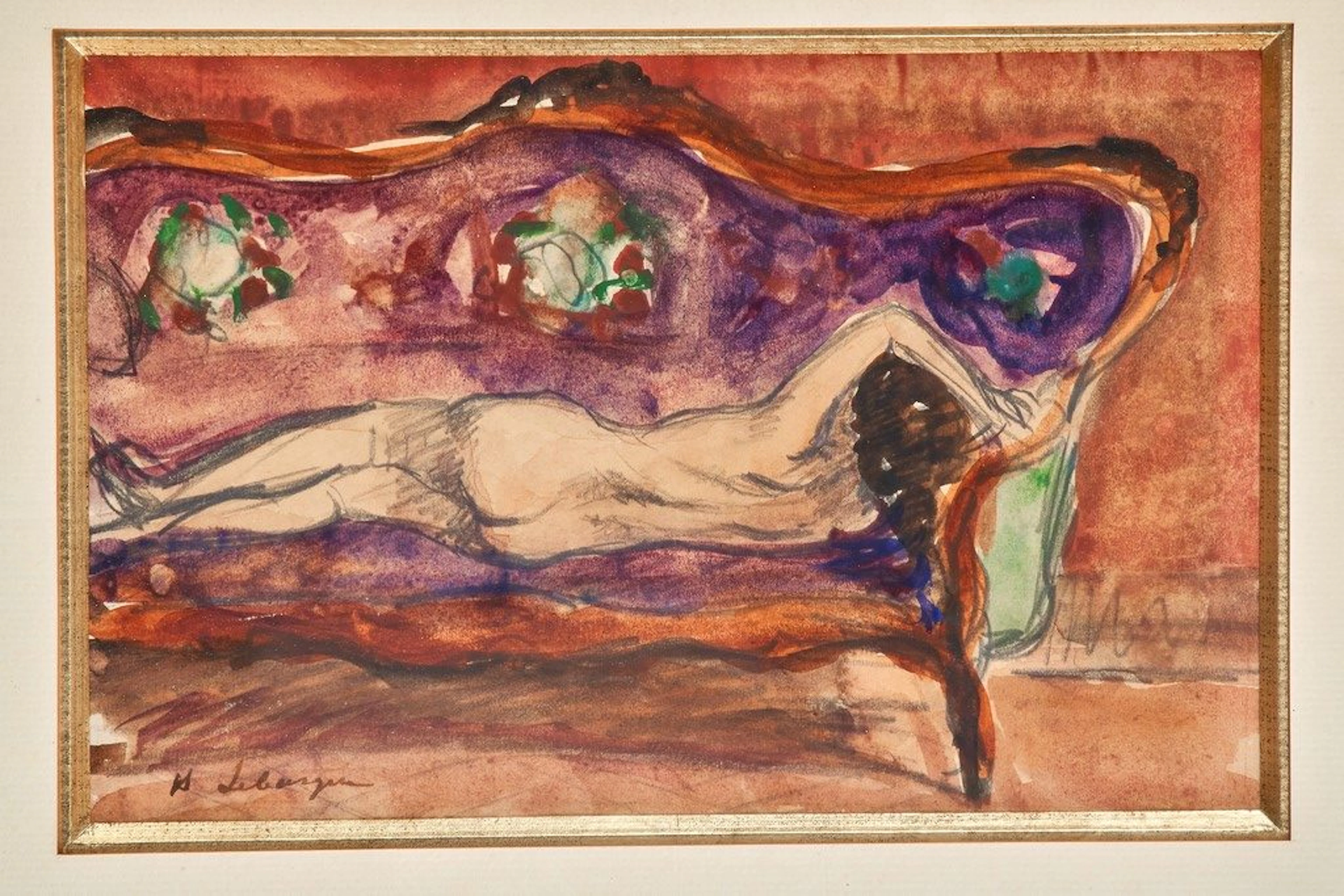 Henri Baptiste LEBASQUE (1865-1937). " Nu sur le divan ". Aquarelle