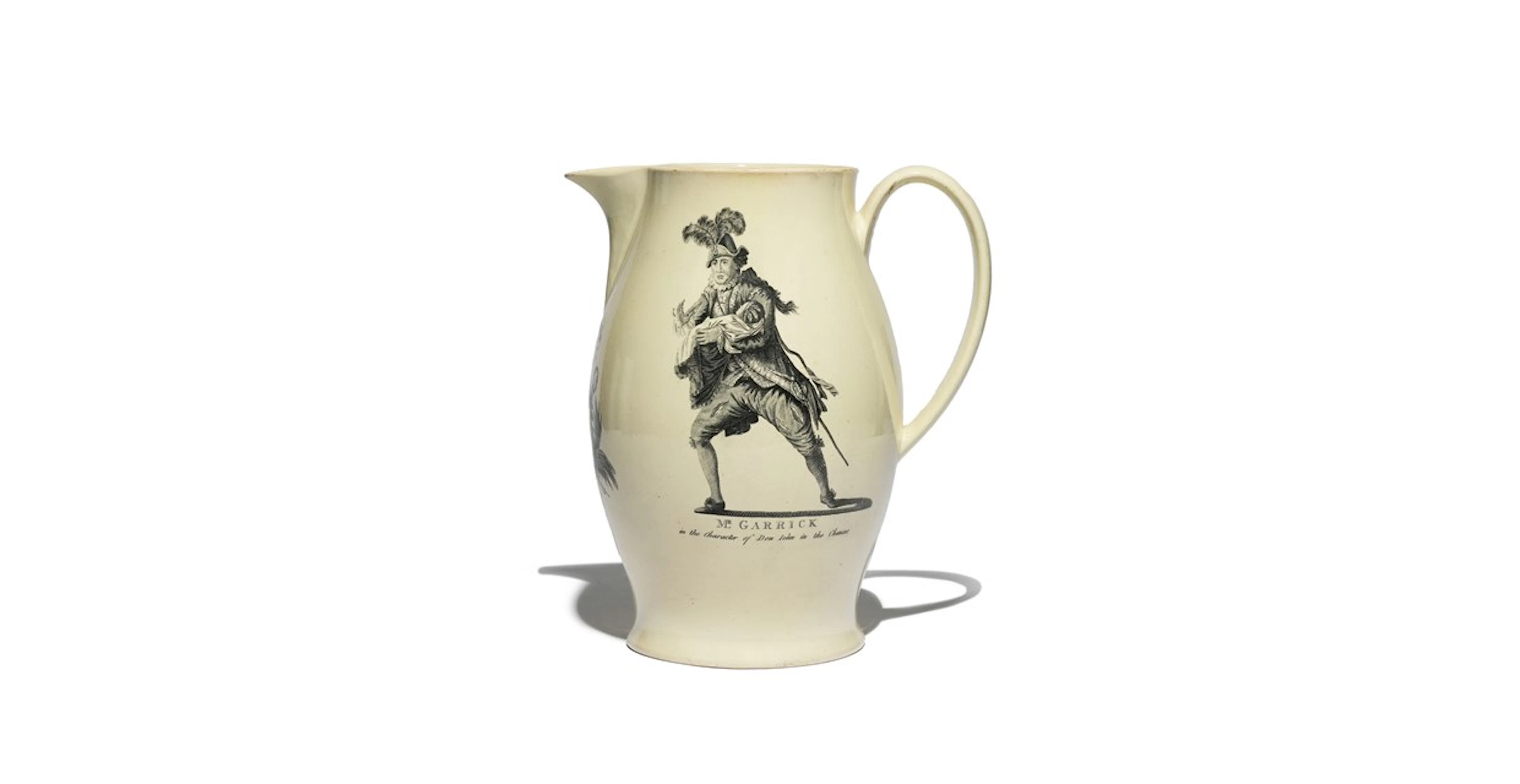 A large Liverpool creamware jug, c.1780, printed with a full length