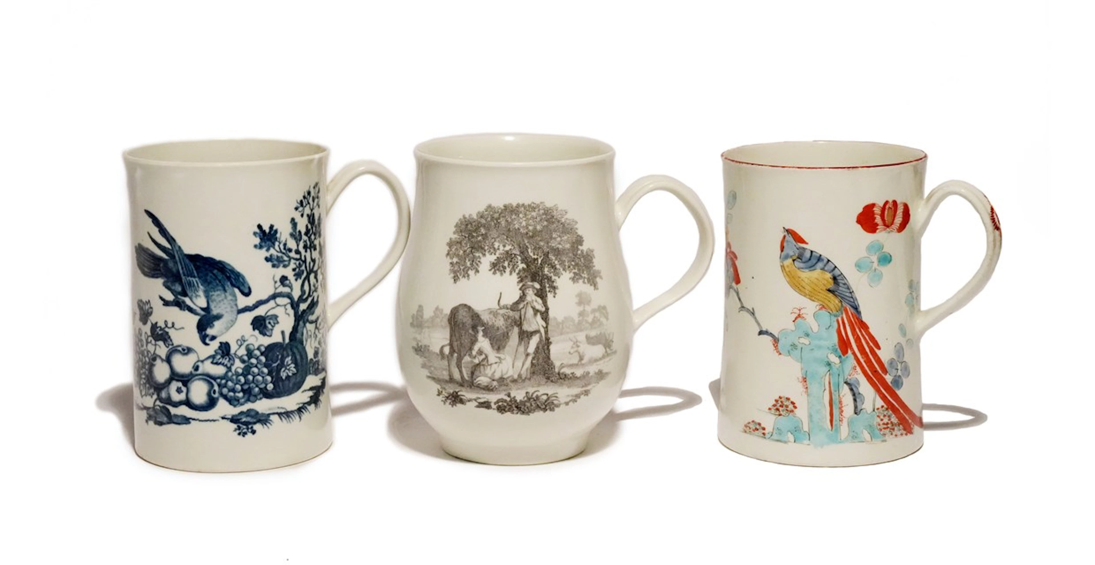 Three large Worcester mugs, c.1760-70, one brightly enamelled in the