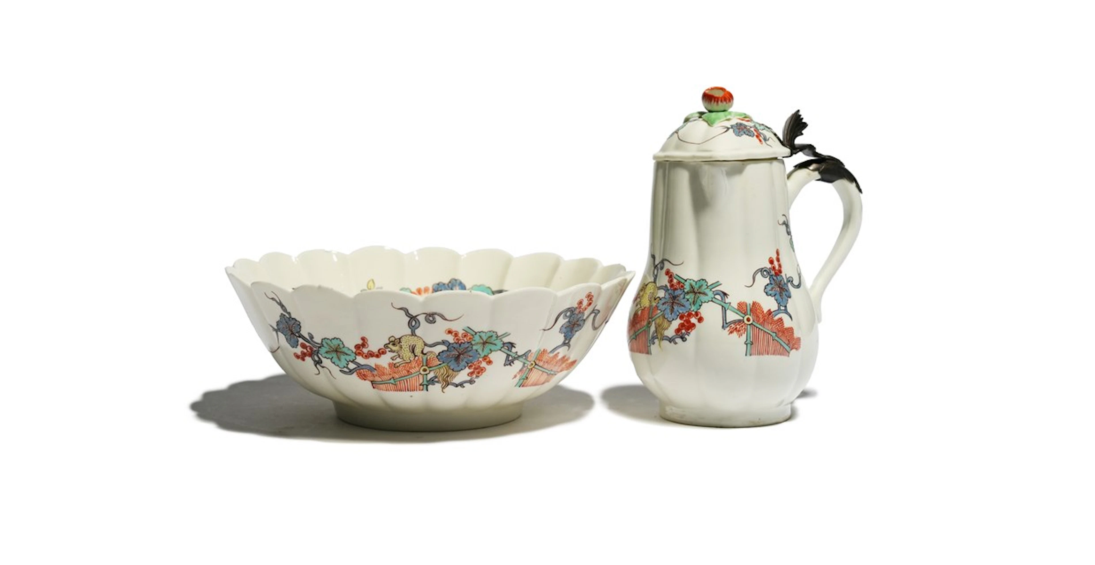 A Chantilly covered jug and matching bowl, c.1735-40, the fluted forms