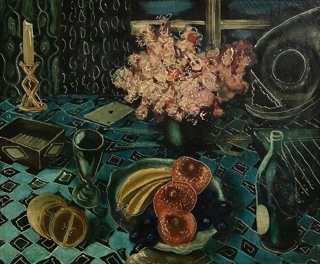 Daniel O'Neill (1920-1974) Still Life with Fruit, Flowers and a Bottle