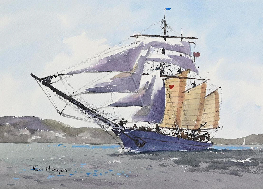 Ken Hayes (20th/21st Century) Schooner Coming into the Bay