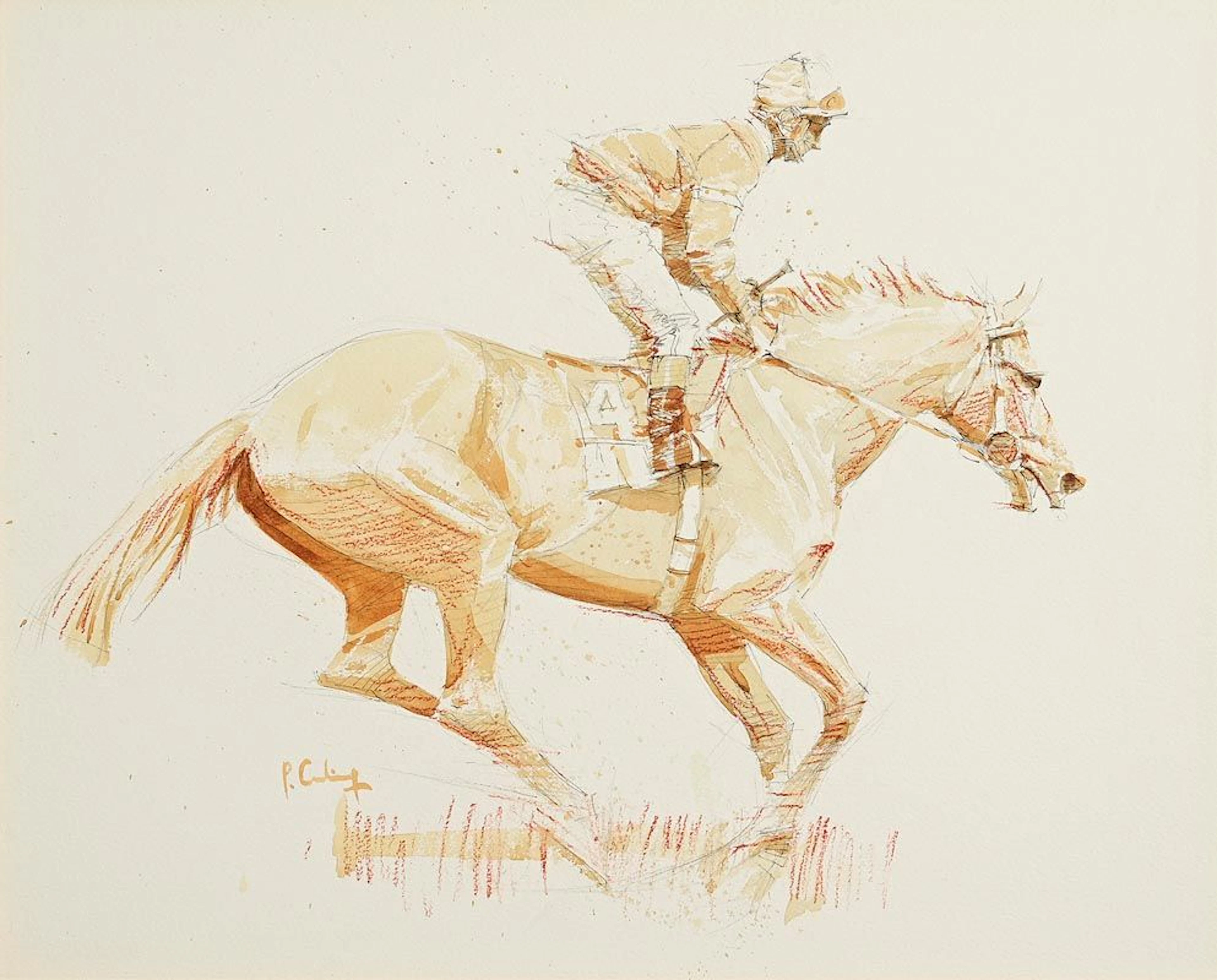 Peter Curling (b.1955) Racehorse with Jockey Up