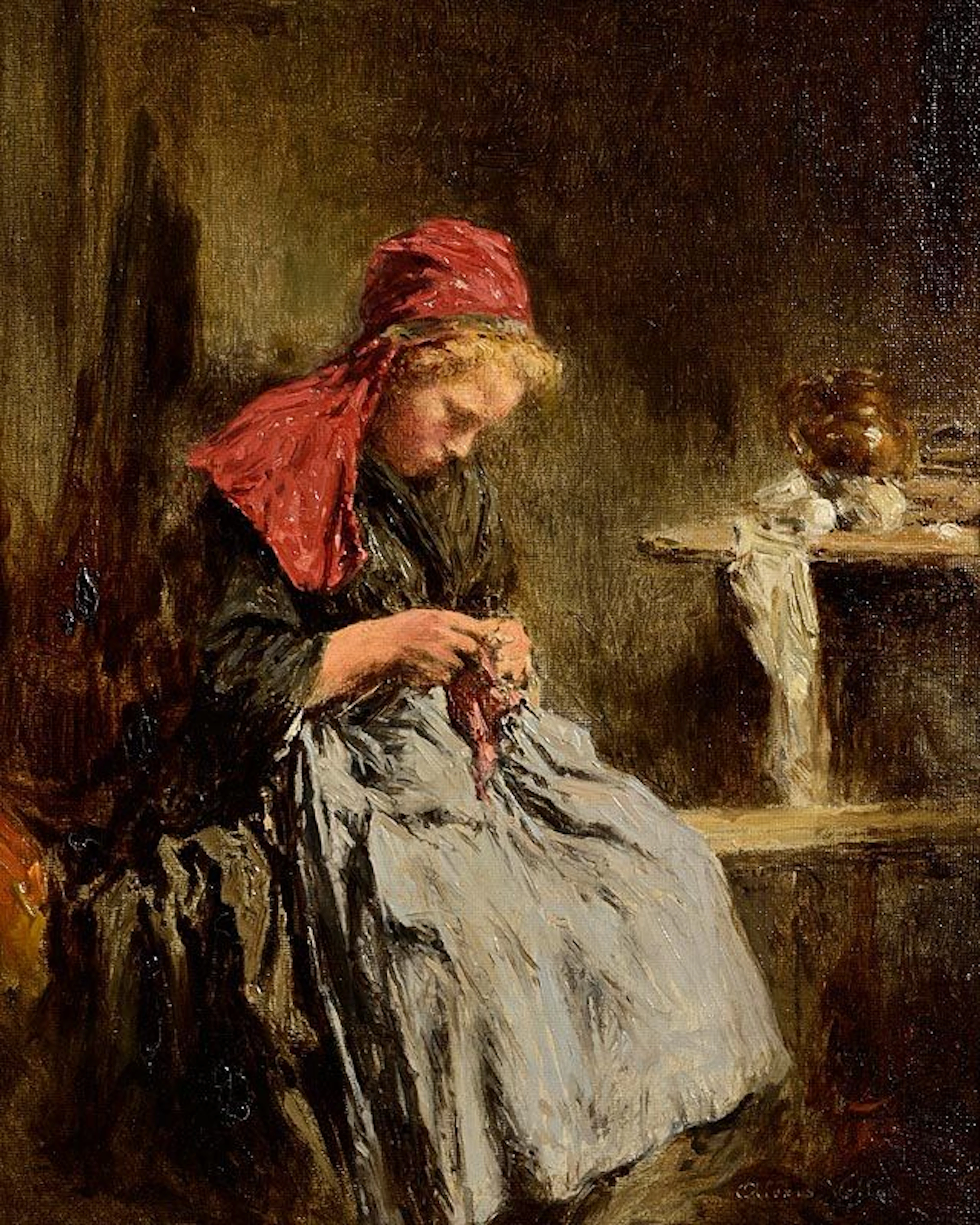 Alexis Vollon (1865-1945) Breton Girl Crocheting (c.1910)