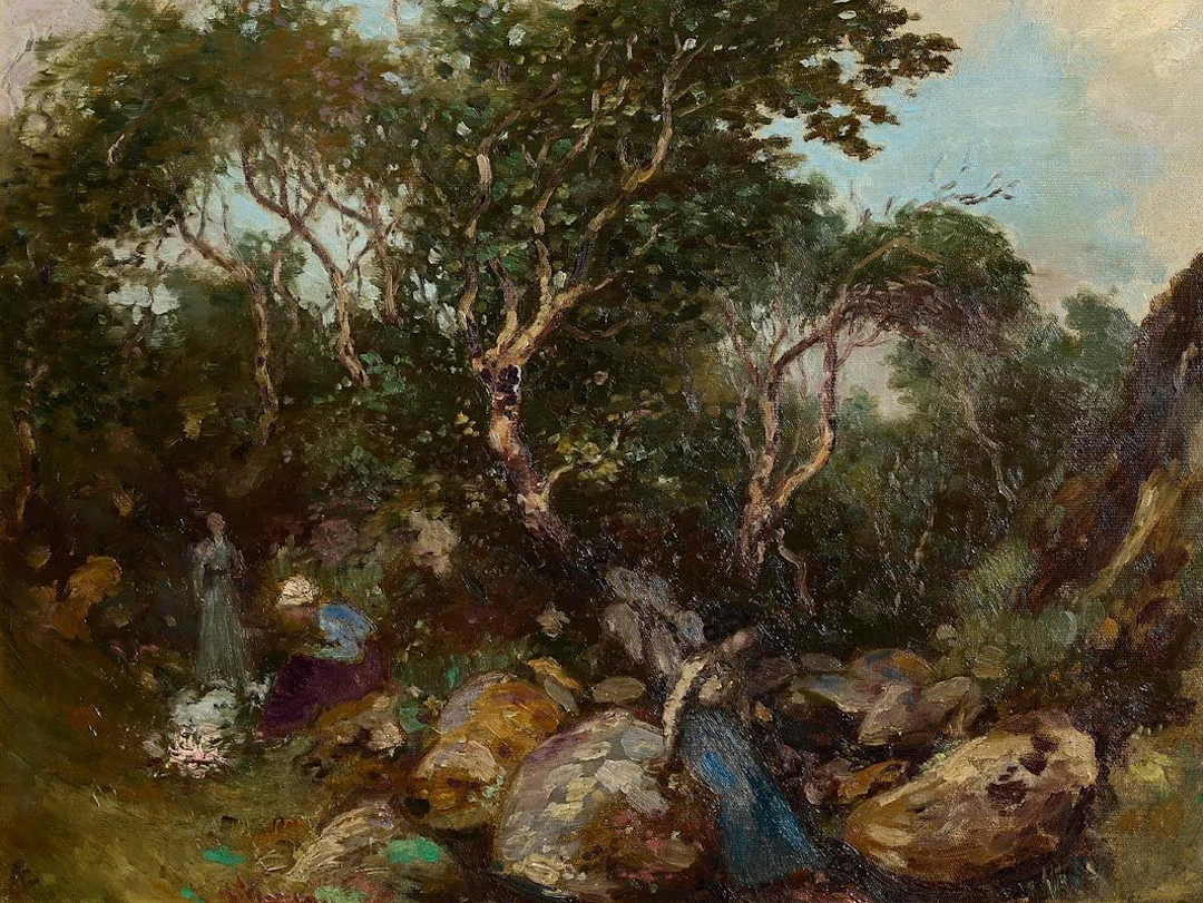 George William Russell (1867-1935) Figures in a Woodland by a Campfire