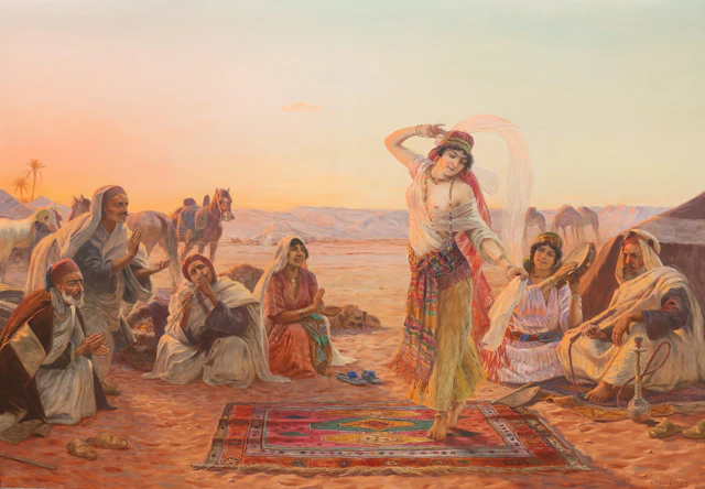 OTTO PILNY. Olja på duk, ”dansande harem i öknen”, signerad.