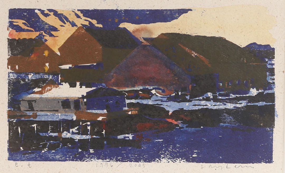 LARS LERIN. Träsnitt/Blandteknik, "Lofoten", signerad och daterad.