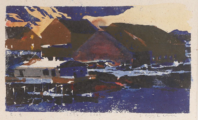 LARS LERIN. Träsnitt/Blandteknik, "Lofoten", signerad och daterad.