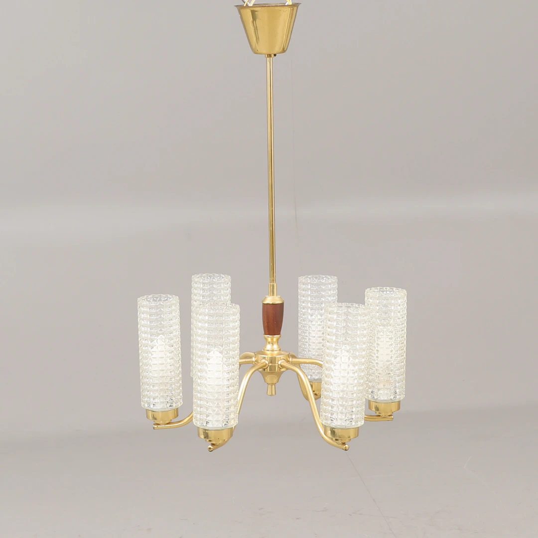 TAKLAMPA, mässing, teak och glas, 1900-talets mitt.