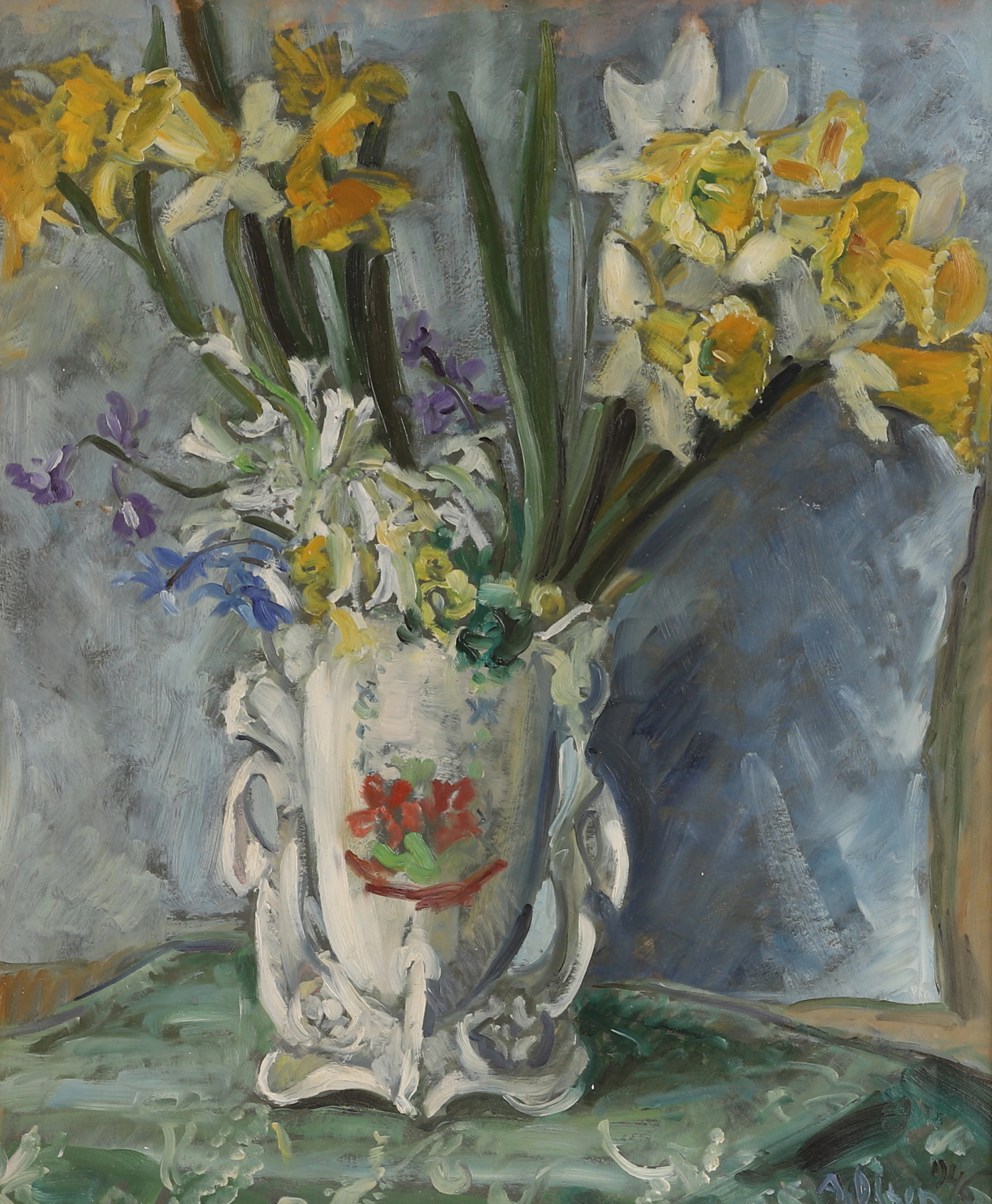 ANDERS OLSON. Olja på pannå, blomsterstilleben, signerad.