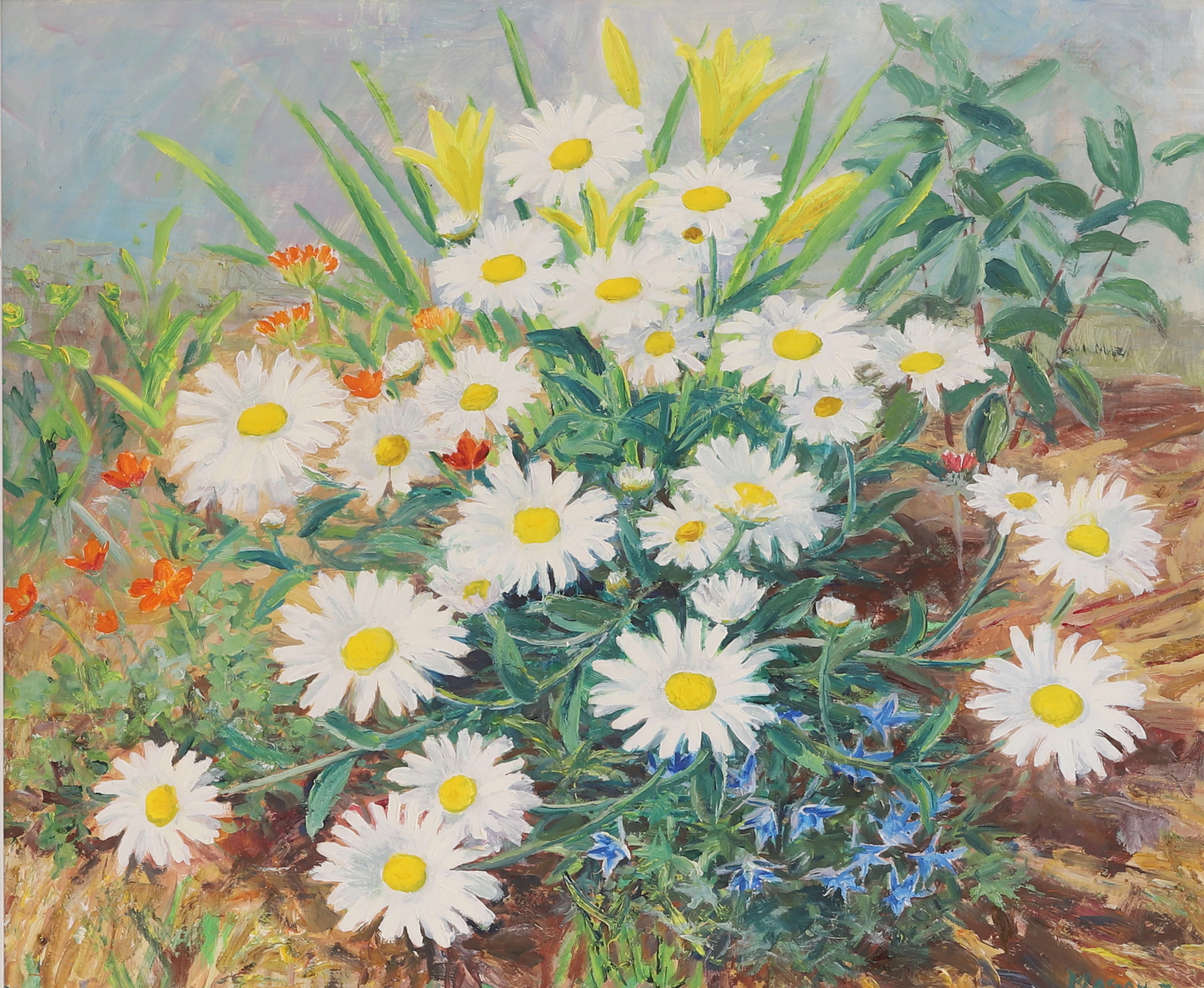 MATS MASON. Olja på pannå, "Rabattblommor", signerad -70.
