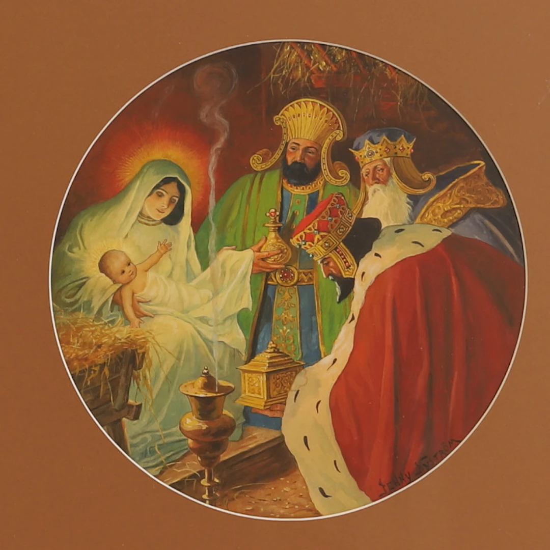 JENNY NYSTRÖM. Gouache, Jesus födelse med Maria och de tre vise männen