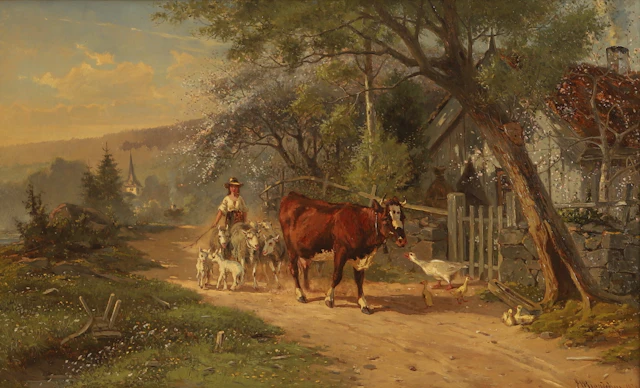 GUSTAF BRANDELIUS (1883-!884). Olja på duk, Flicka i vårlandskap med