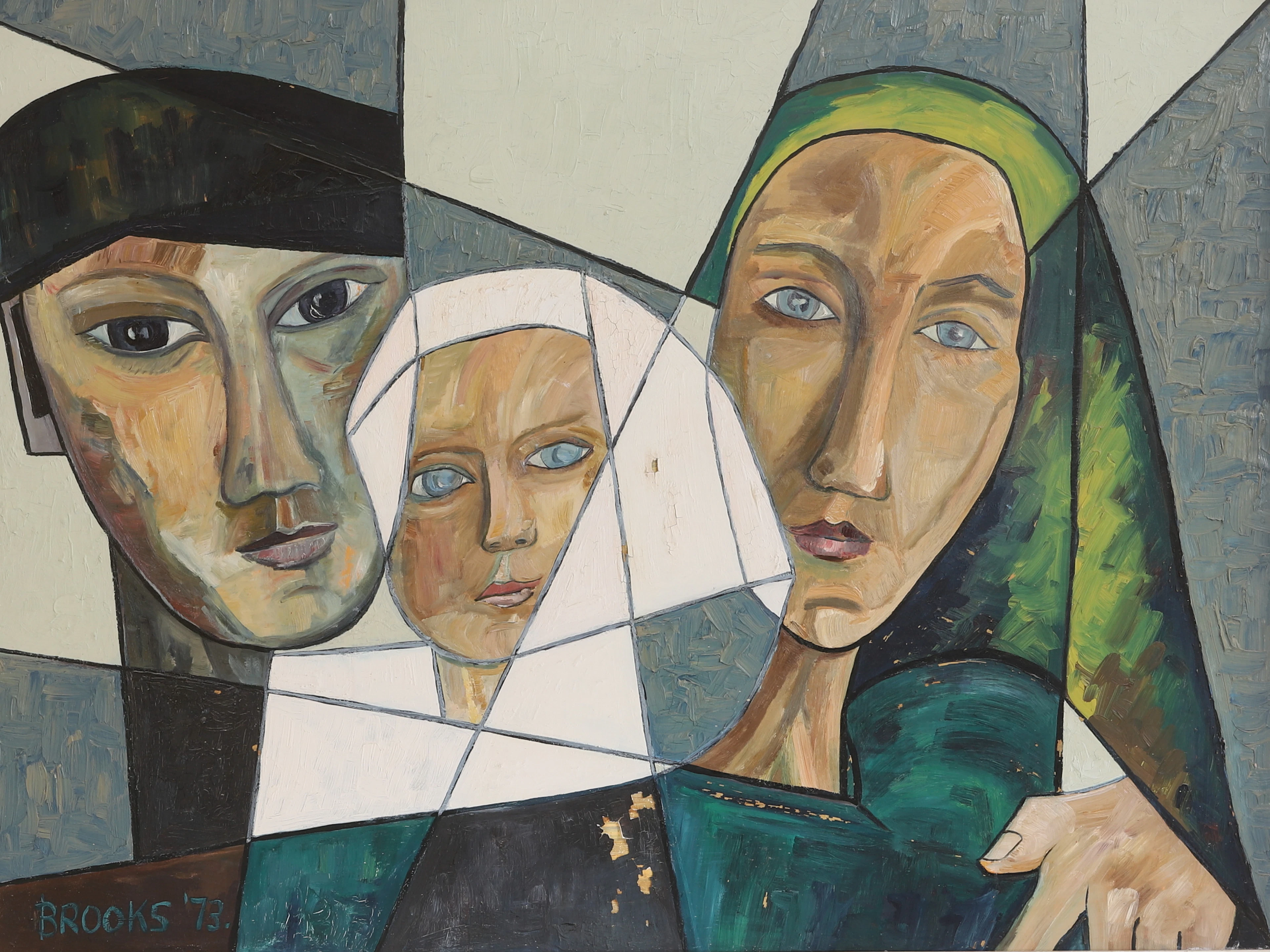 JOAN BROOKS. Olja på pannå, "Family", signerad.