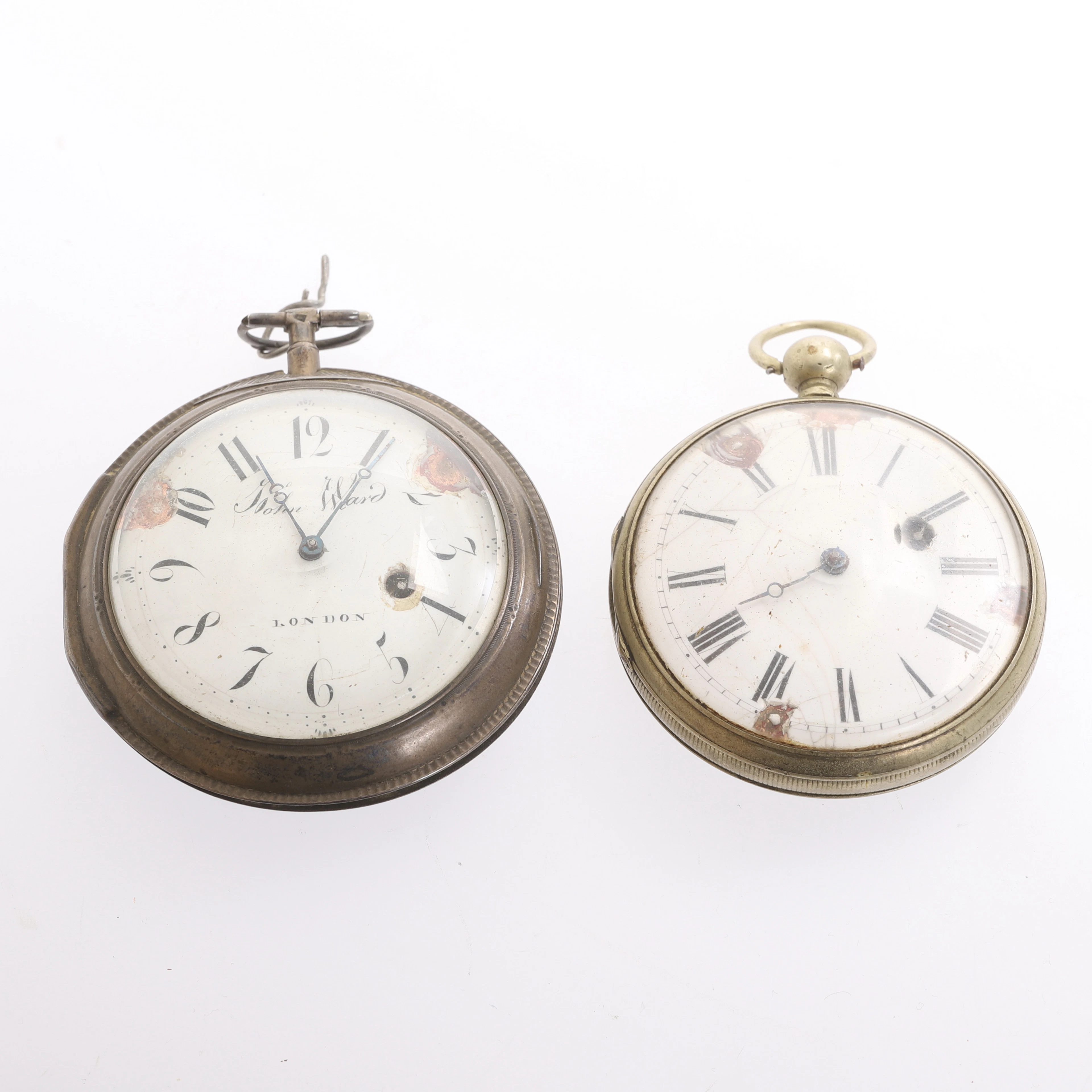 FICKUR, 2 stycken, 1 styck John Ward, silver, London, 1700/1800-tal.