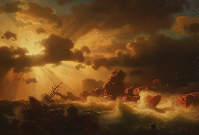 MARCUS LARSON (1825-1864). Olja på duk, Stormigt hav med skepp, signerad