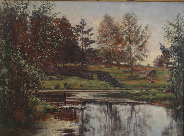 DIDRIK VON ESSEN. Olja på duk, Landskap med boskap och kvinna. Signerad.