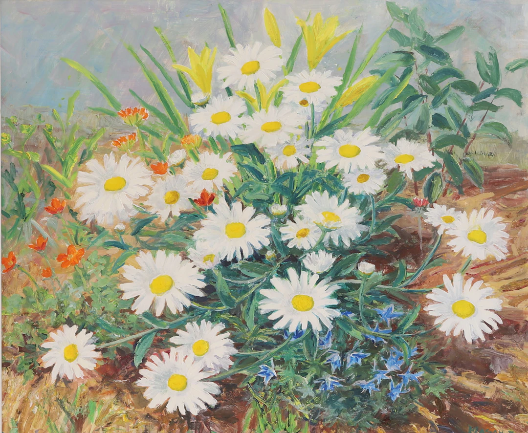 MATS MASON. Olja på pannå, "Rabattblommor", signerad -70.