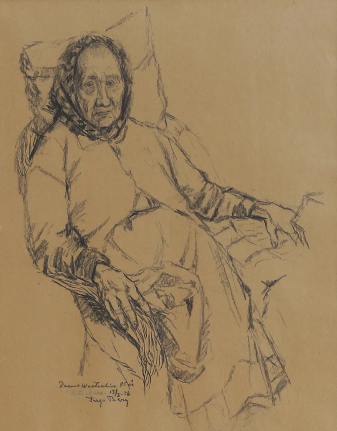 INGA BERG. Teckning, kvinna, signerad, daterad -56.
