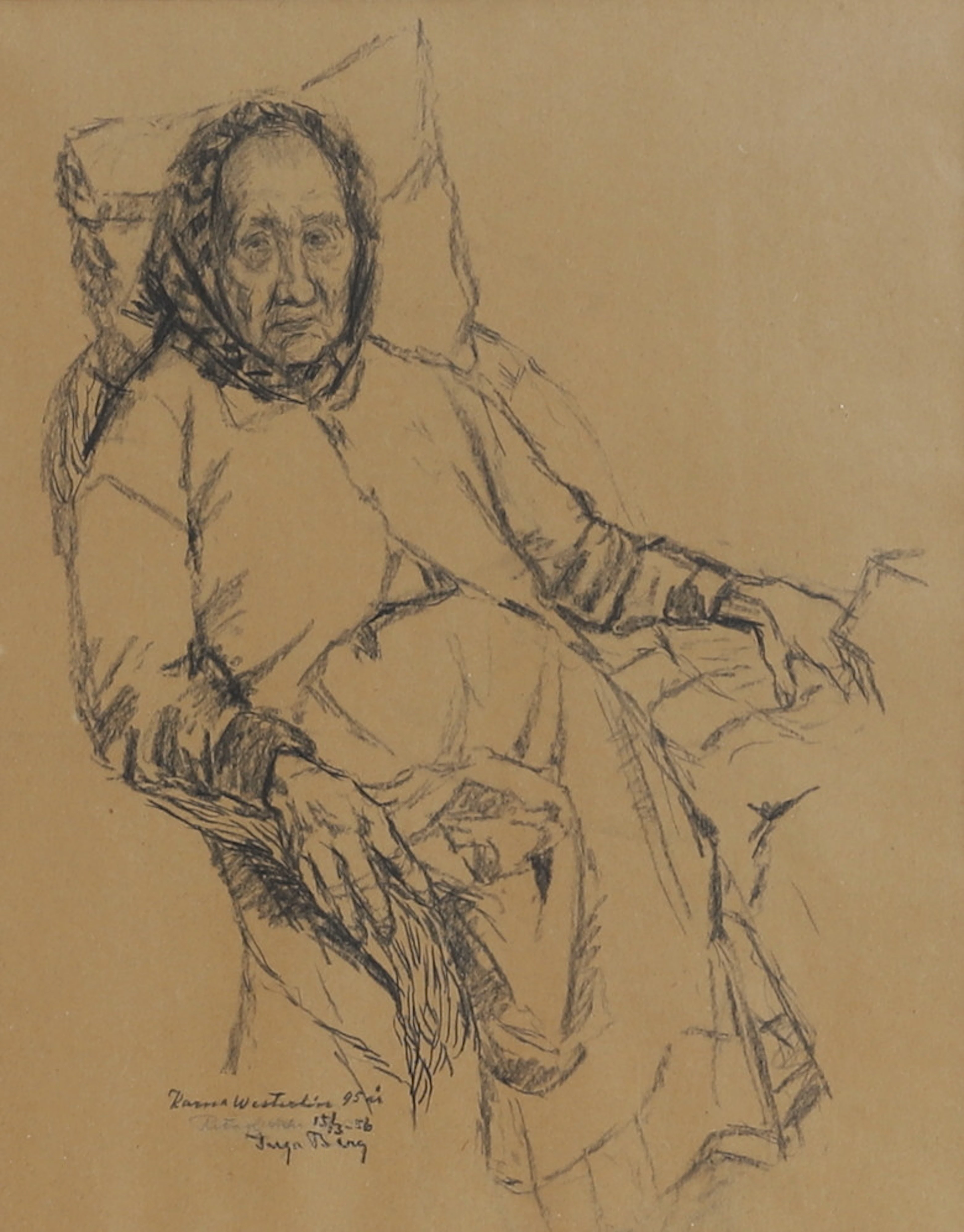 INGA BERG. Teckning, kvinna, signerad, daterad -56.