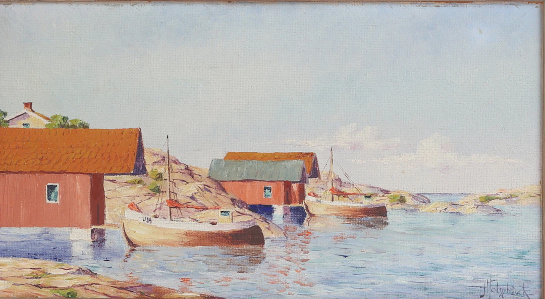OIDENTIFIERAD KONSTNÄR, olja på pannå, "Fiskebäckskil", signerad j Holmbäck.