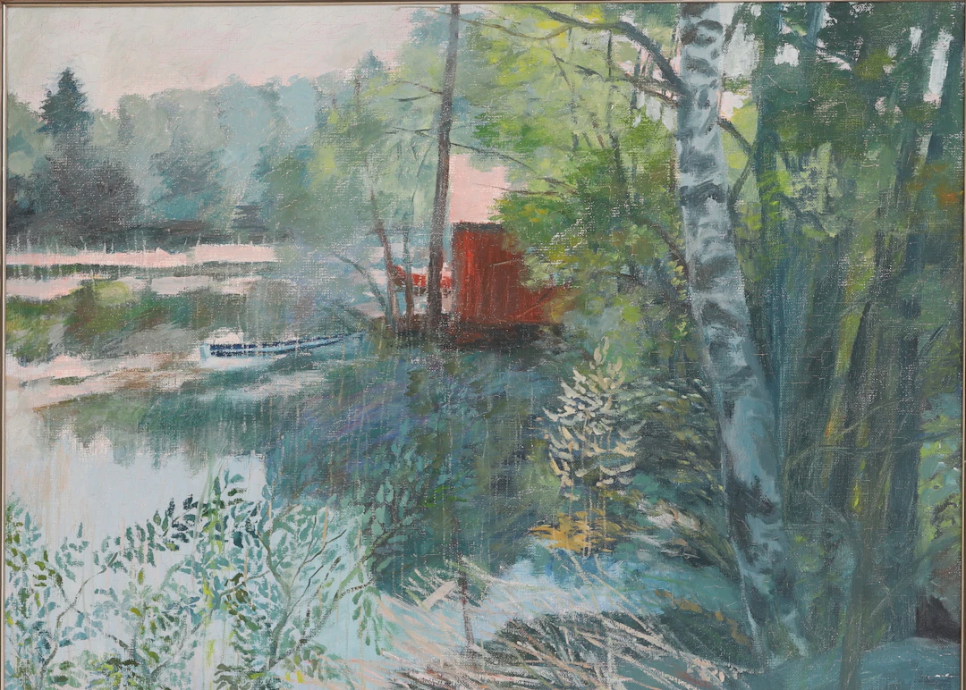 STIG HERNBORG. Olja på duk, "Försommarmorgon, Tomtasjön", signerad.