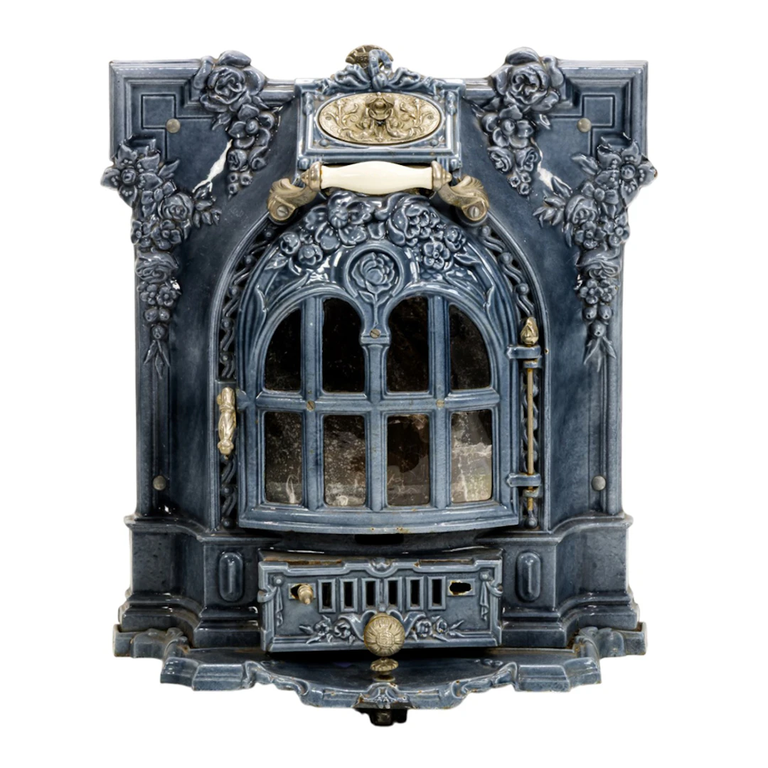 A French Art Nouveau blue enamel parlor stove
