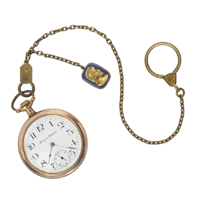 An antique Hampden gold-tone pocket watch and chain