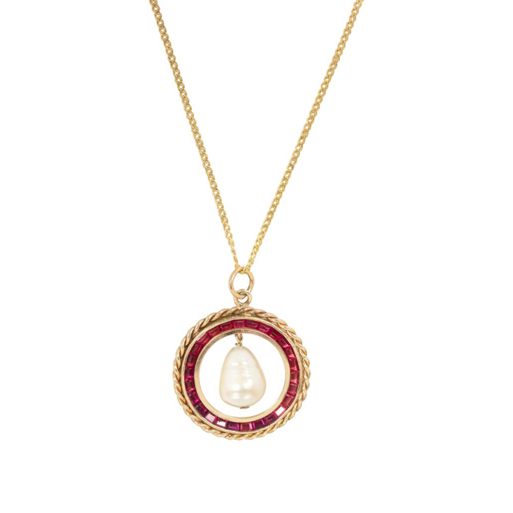 A synthetic ruby, cultured pearl, and 14k gold pendant necklace